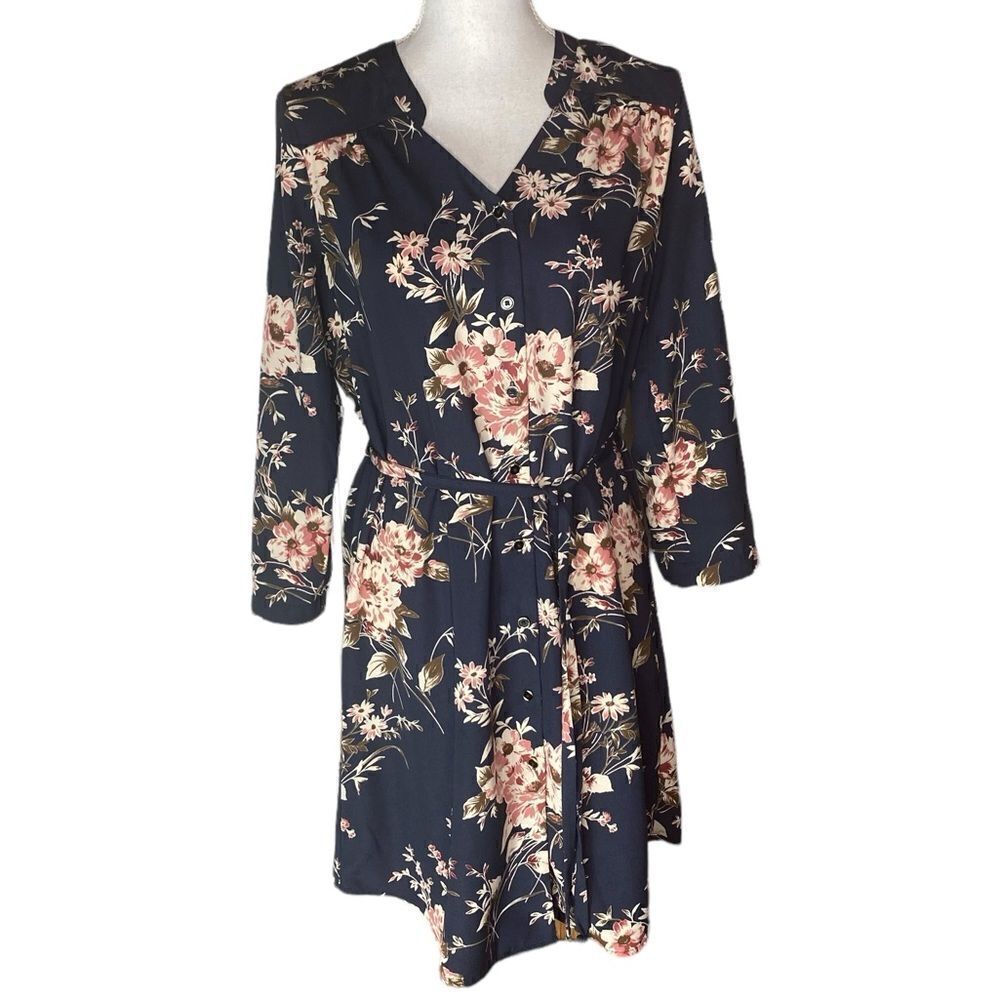 41 Hawthorn Wm’s Sz Sm Navy Blue Floral Button Down Tie Waist Shift Shirt Dress
